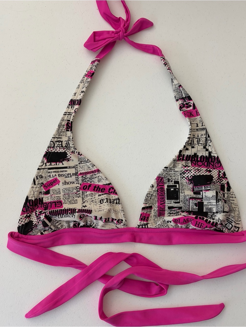 VANITY Y2K Pink Newspaper Print Halter Bikini Top size medium